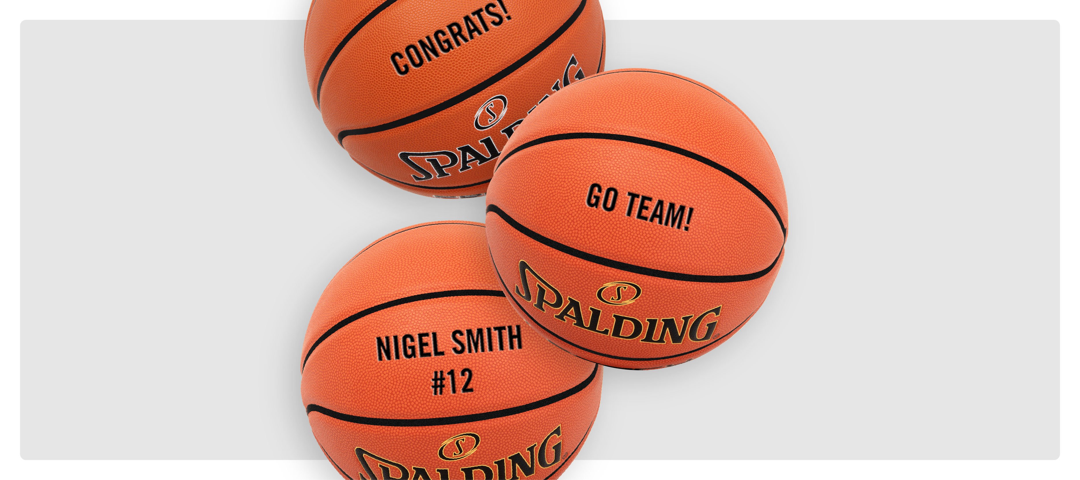  Orange Spalding basketballs with custom text examples. Go Team! Nigel Smith #12 Congrats!